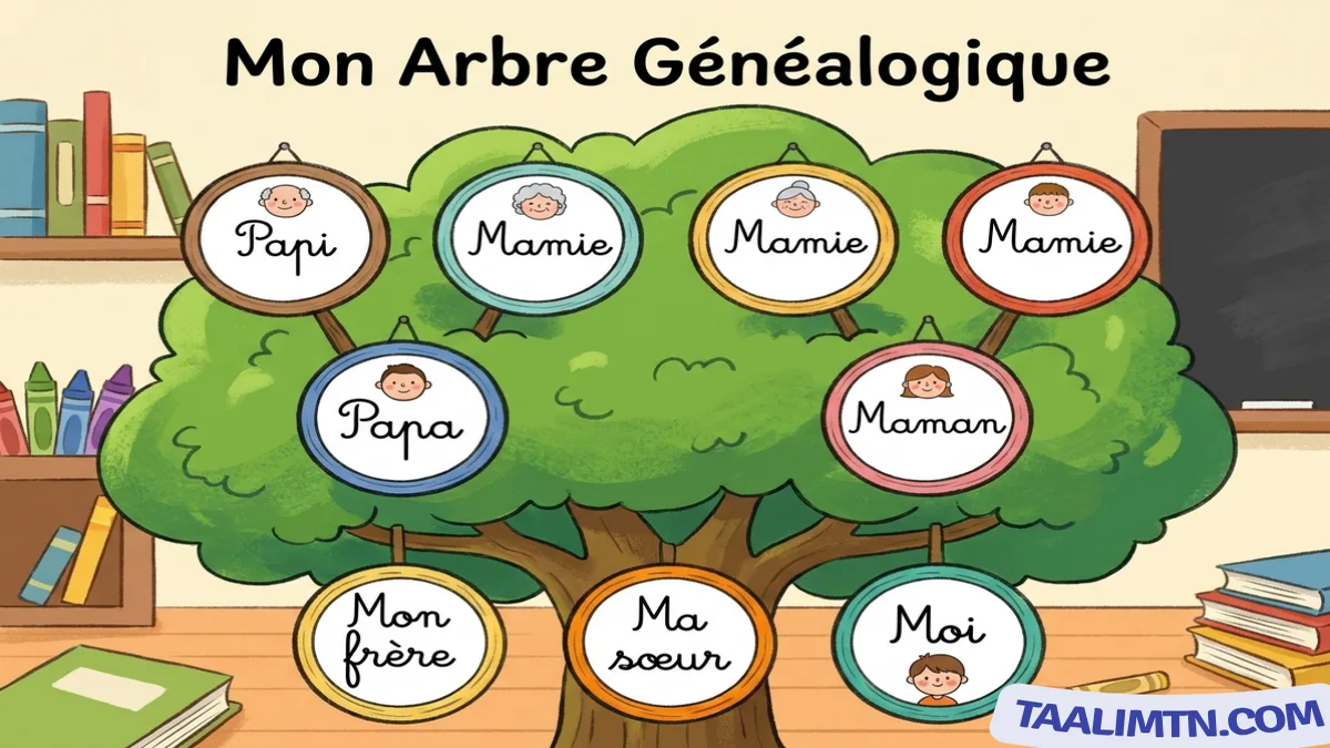 Modèle d'arbre généalogique rédigé en français pour le projet de classe