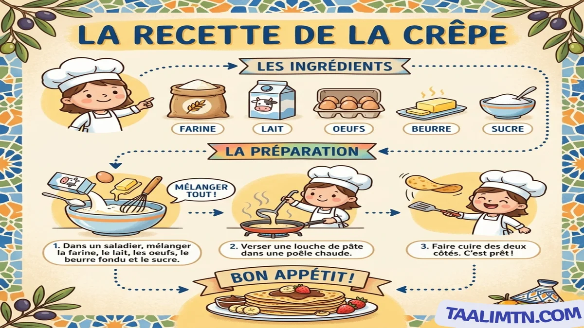 La recette de la crêpe en français pour les élèves de 3ème année