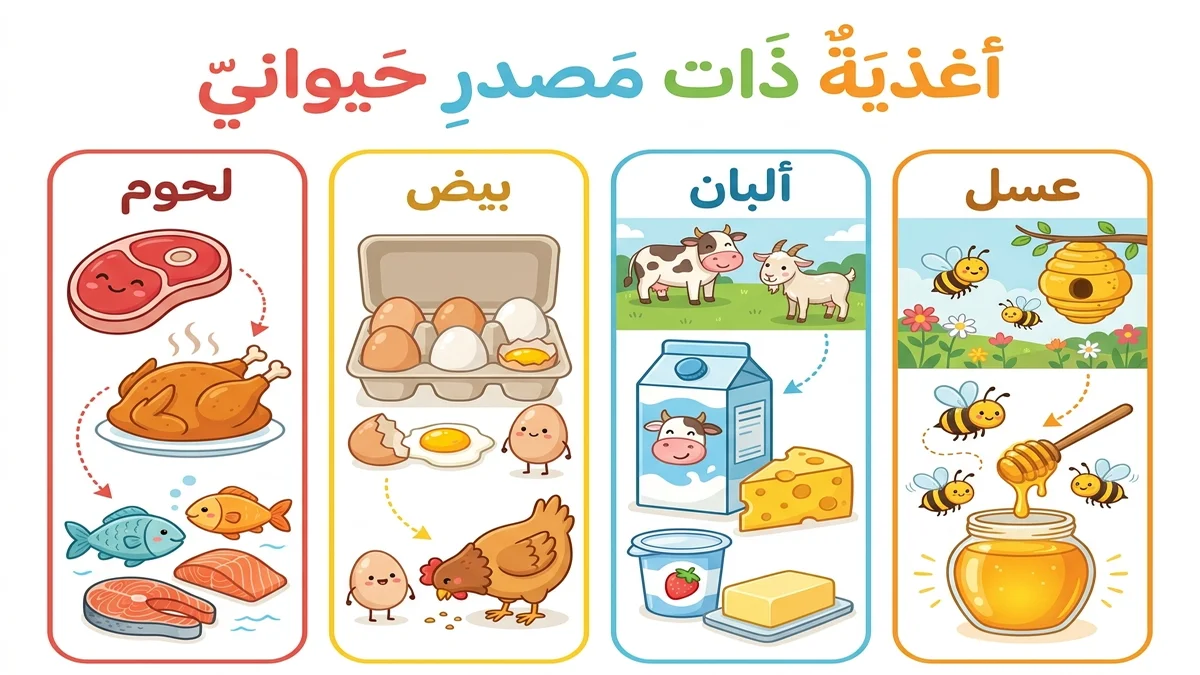 مخطط توضيحي للأغذية ذات المصدر الحيواني اللحوم والبيض والحليب ومشتقاته للسنة الأولى والثانية ابتدائي taalimtn.com