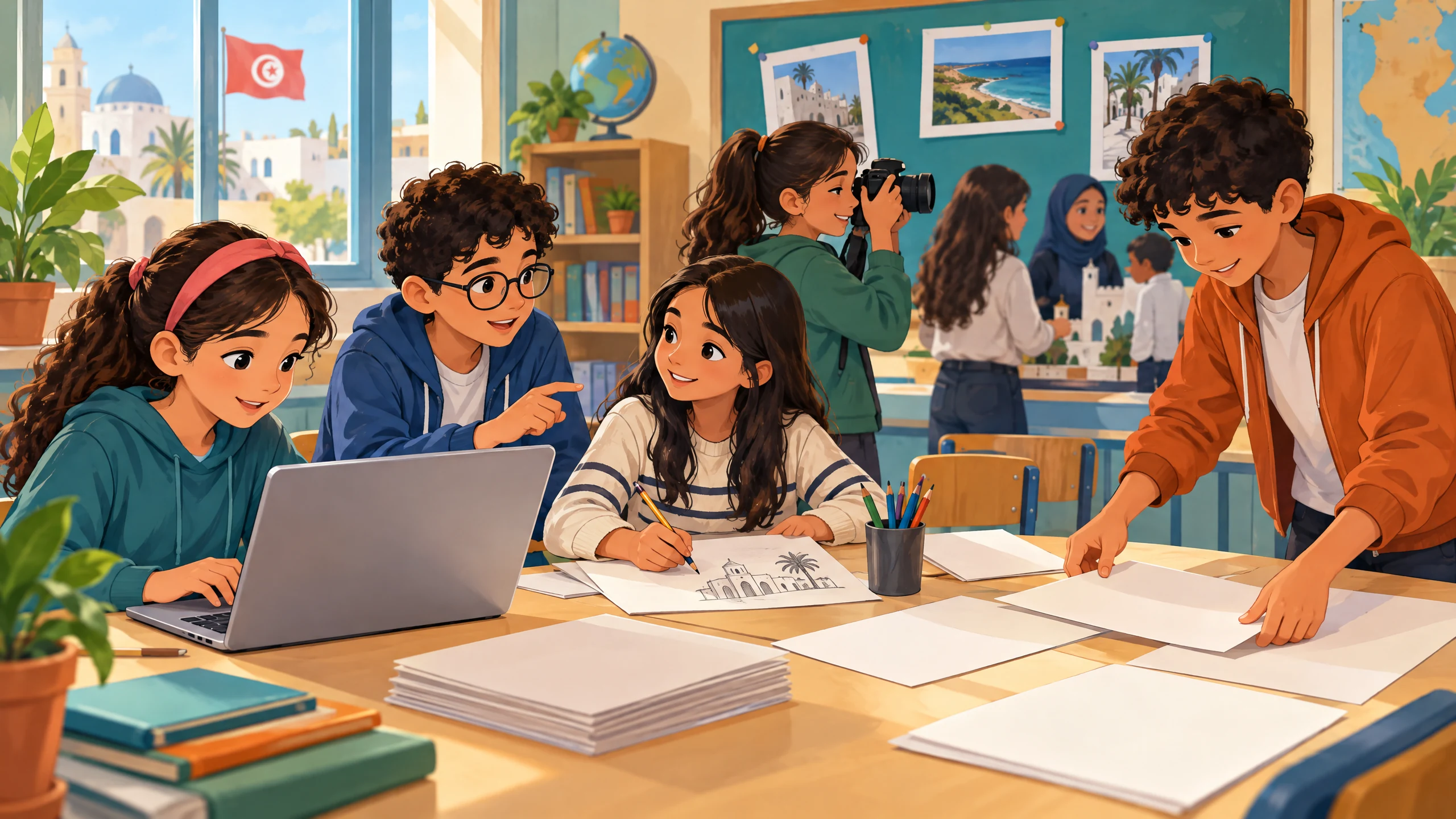 Module 2 — Communiquer avec les autres français 6ème année primaire 4 Des élèves préparent ensemble le journal de leur classe : rédaction, photographie, illustration et mise en page.