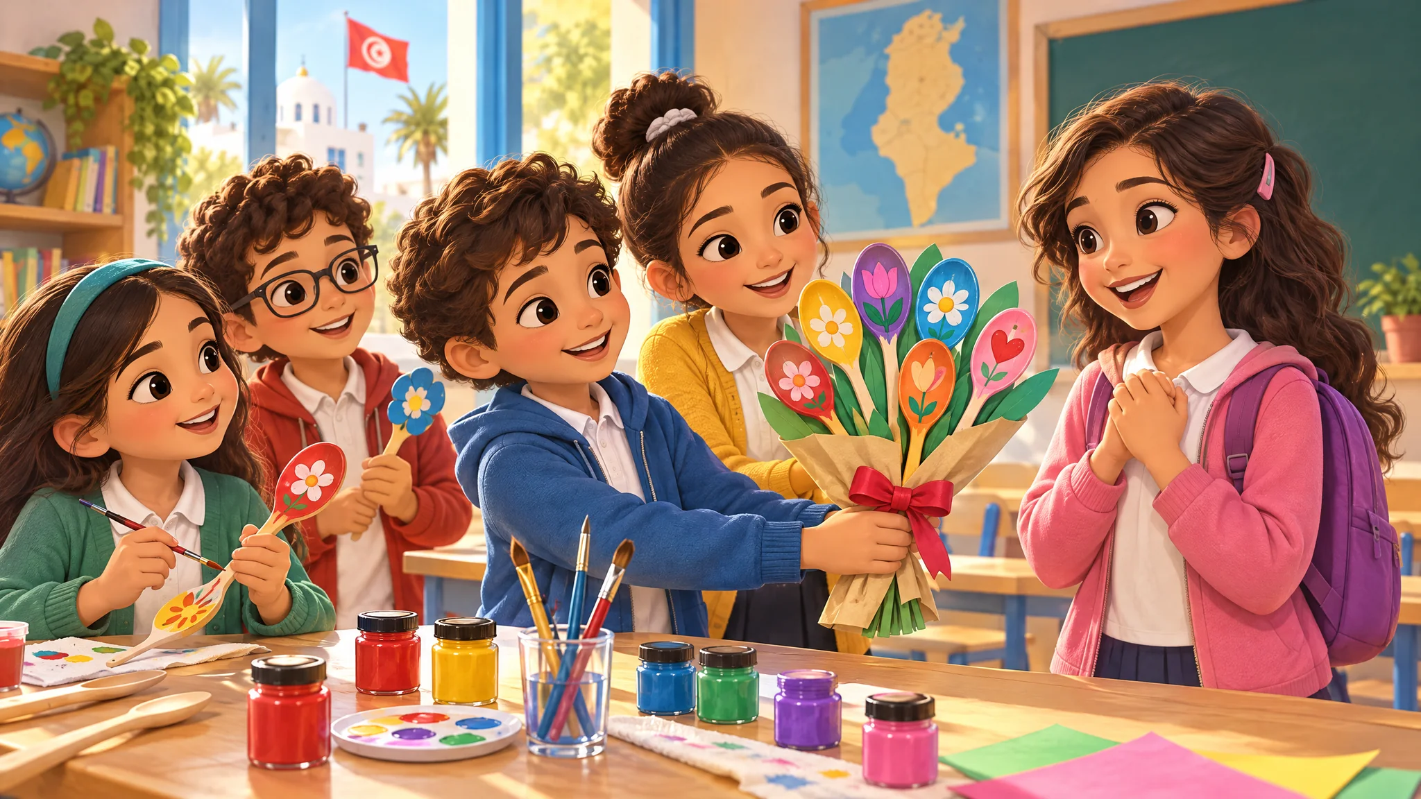 Module 3 — Accepter les autres français 6ème année primaire 5 Des élèves peignent des fleurs décoratives sur des cuillères en bois avant d’offrir un bouquet de bienvenue à une nouvelle camarade.