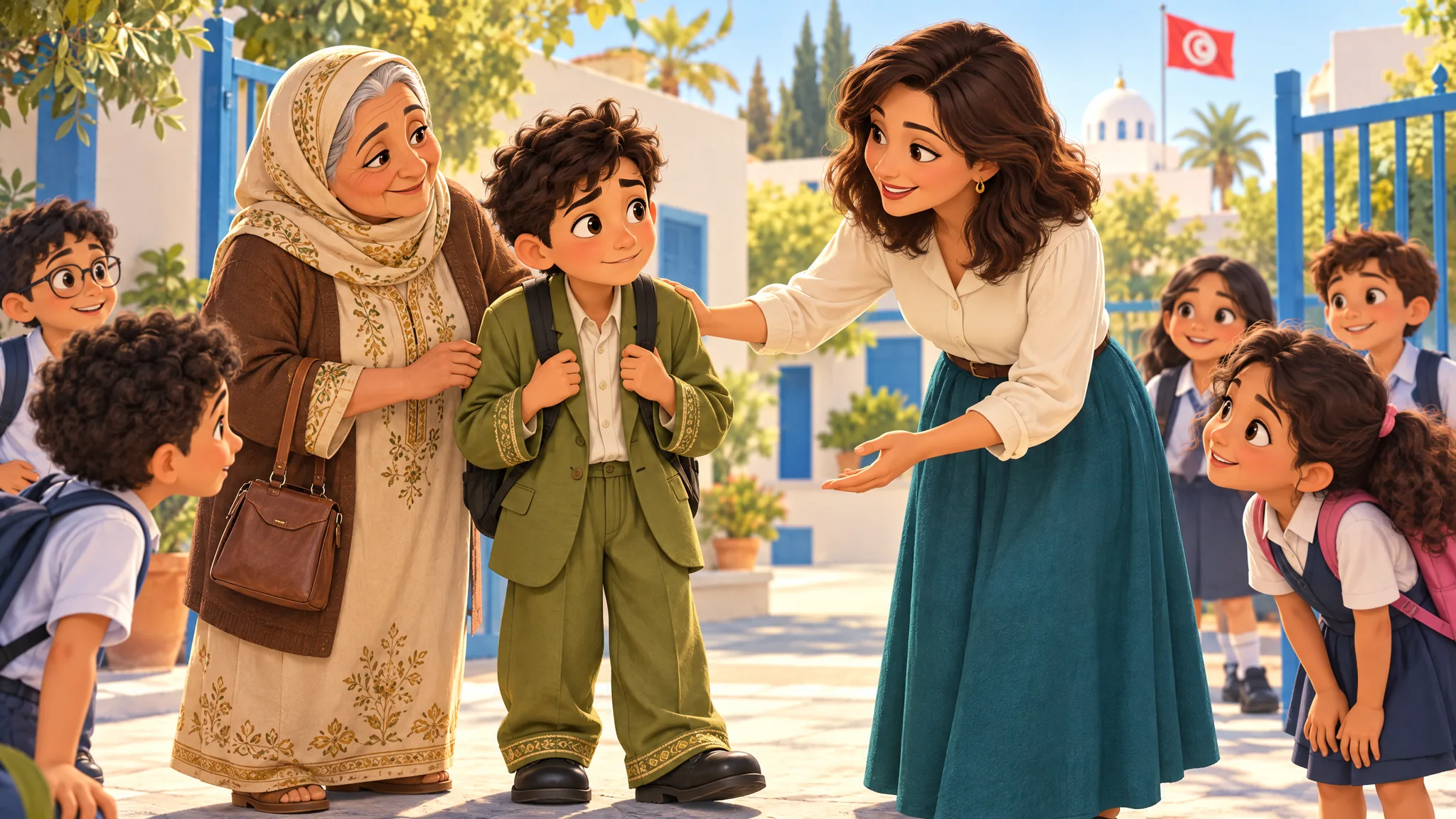 Module 3 — Accepter les autres français 6ème année primaire 3 Cédric arrive dans sa nouvelle école avec un costume vert olive trop grand, tandis qu’une enseignante l’accueille avec bienveillance.