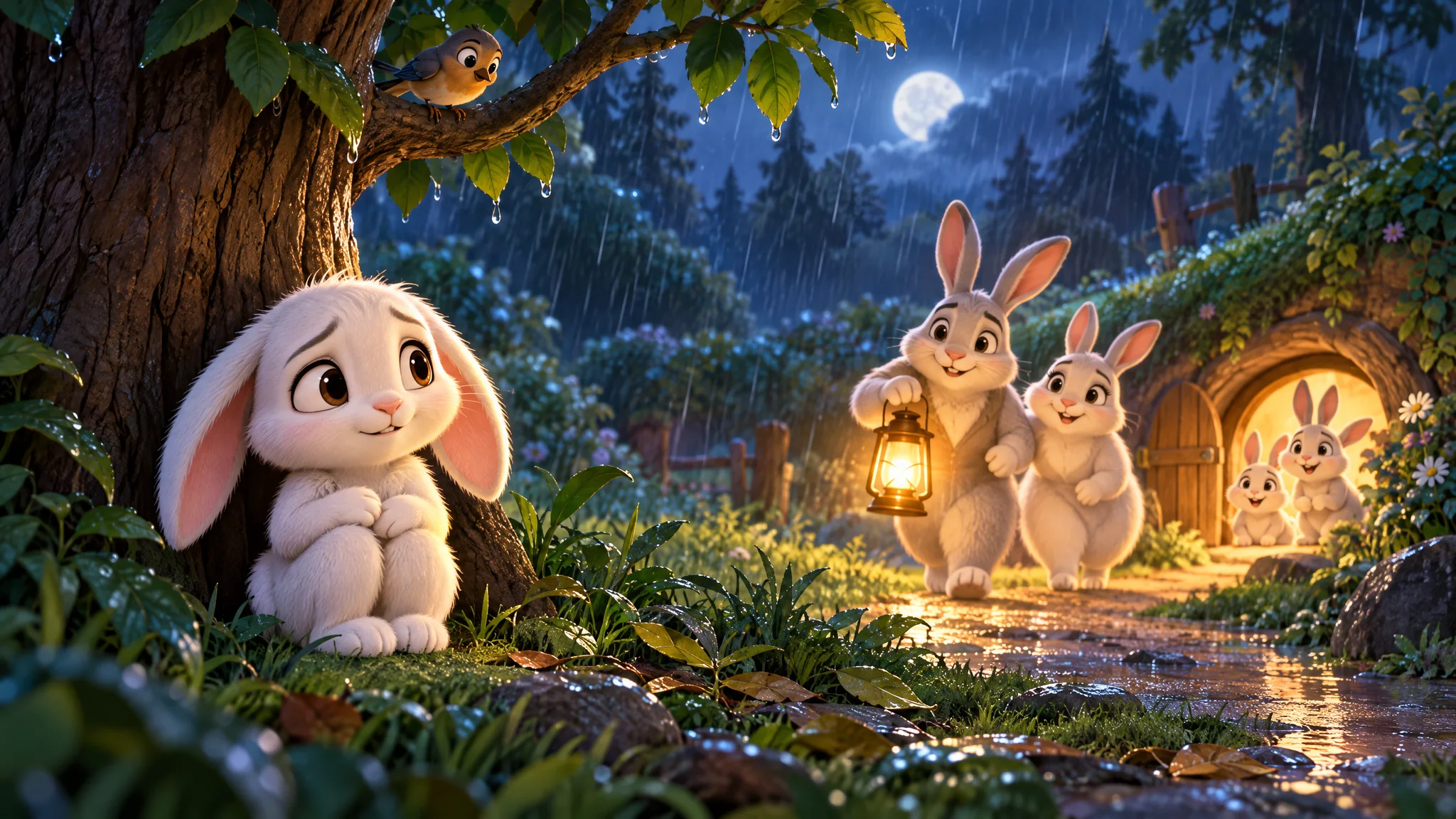 Module 3 — Accepter les autres français 6ème année primaire 2 Un lapin blanc perdu sous un arbre pendant que ses parents le recherchent dans la forêt.