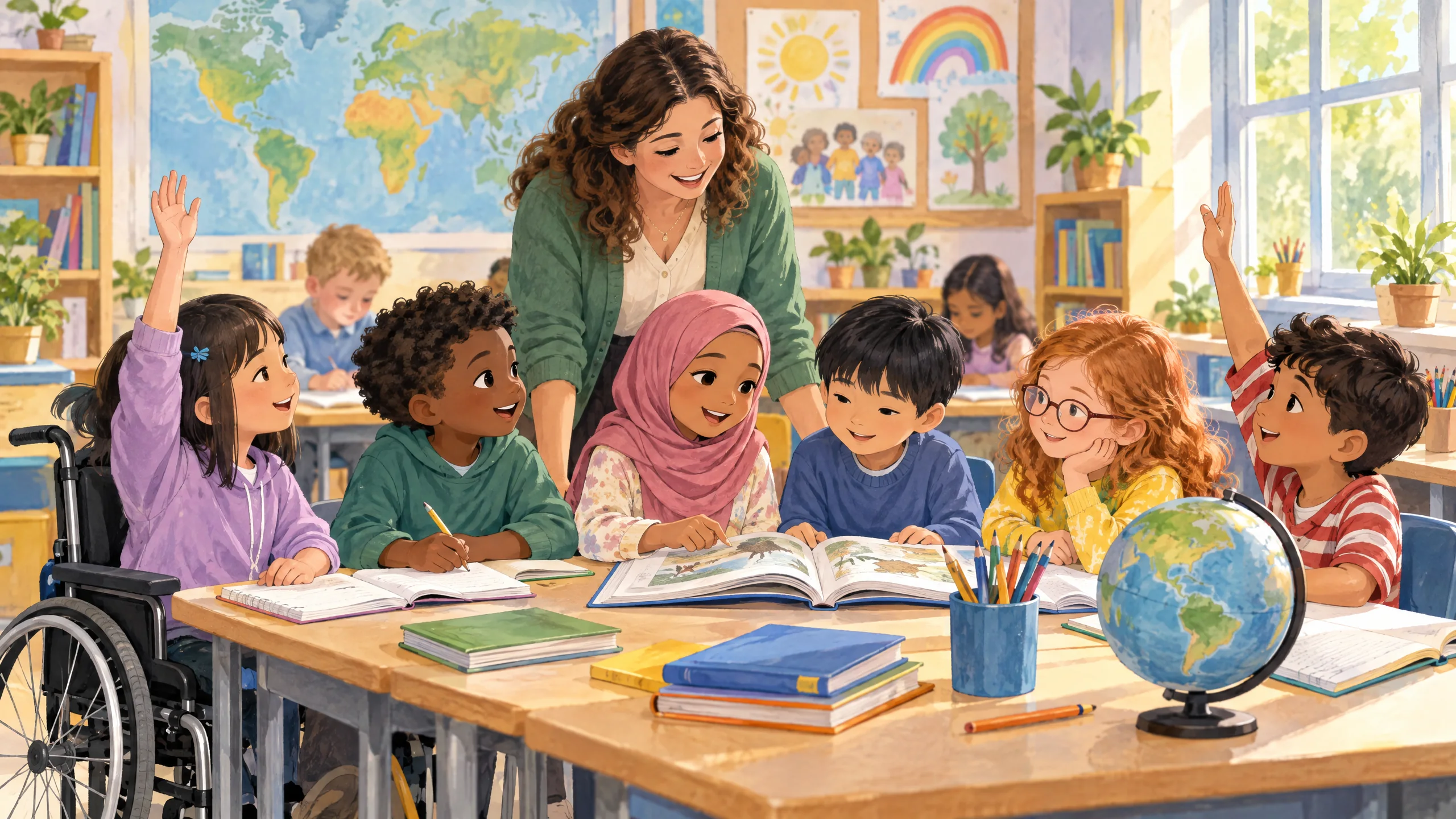 Module 4 — S’entraider pour mieux réussir français 6ème année primaire 5 Une enseignante accueille des enfants aux profils variés dans une classe inclusive où chacun apprend et participe.