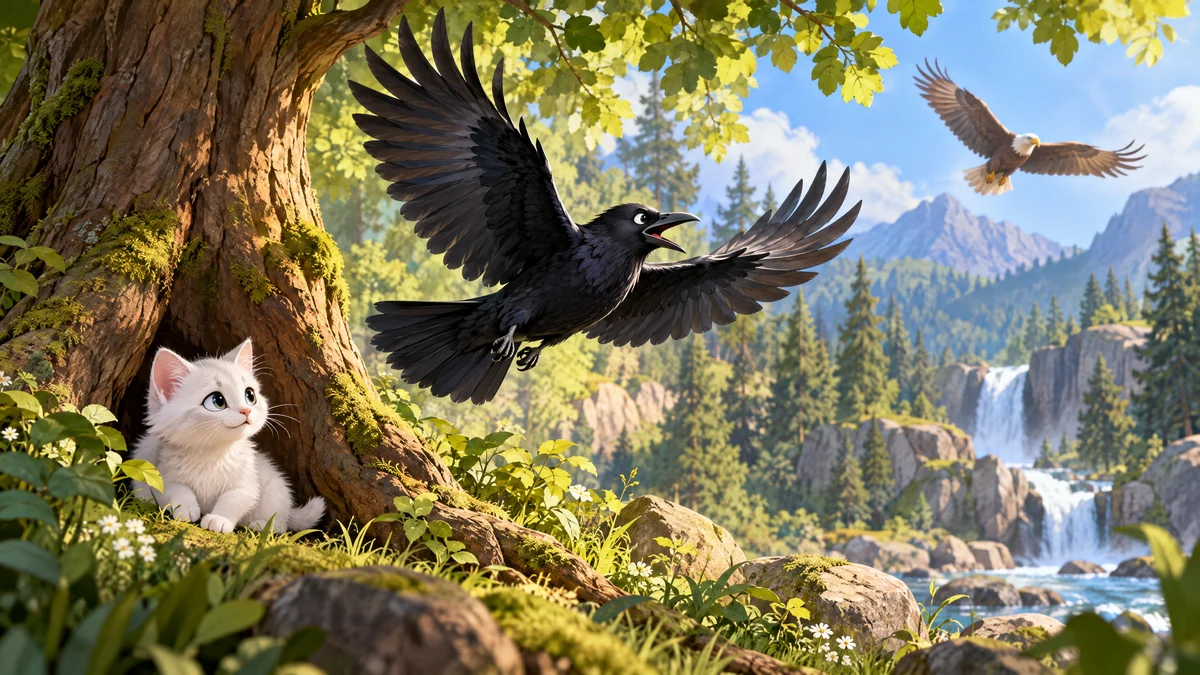 Module 5 — Sauver la nature français 6ème année primaire 3 Un corbeau détourne un aigle pour protéger une petite chatte dans une forêt.