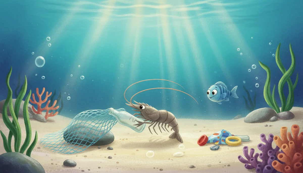 Module 5 — Sauver la nature français 6ème année primaire 4 Une crevette grise et un poisson bleu observent des déchets dans la mer.