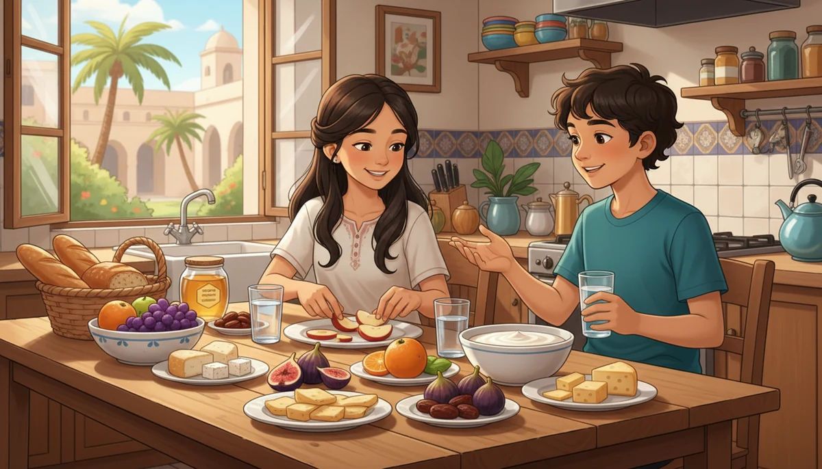 Module 6 — Être en forme et mieux se porter français 6ème année primaire 6 Deux enfants partagent fruits, pain, fromage et eau à la maison.