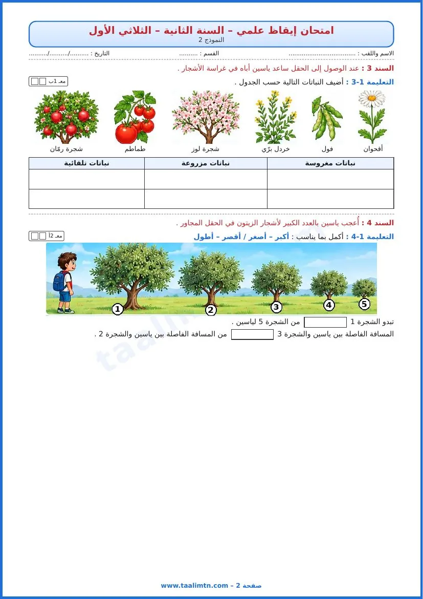 امتحان إيقاظ علمي سنة ثانية الثلاثي الأول النموذج 2 الصفحة 2
