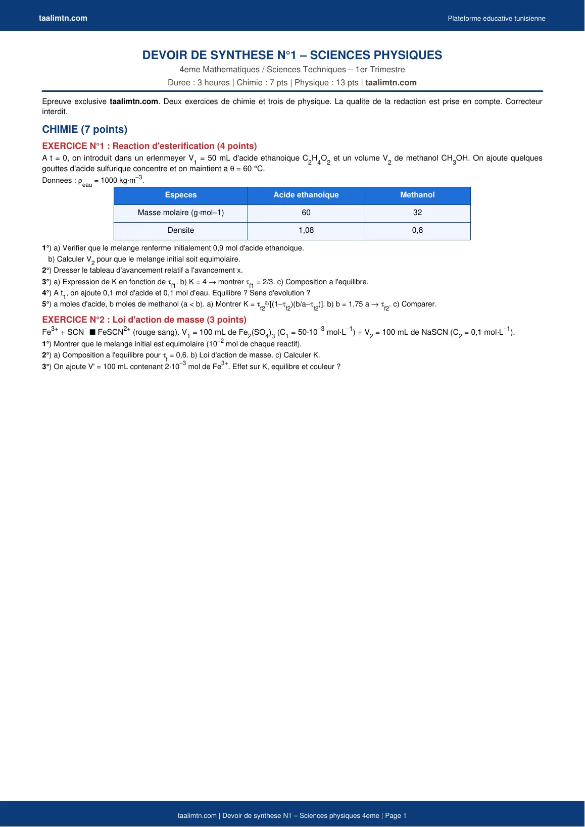 Devoir de synthèse N°1 – Sciences physiques 4ème Math / Sc. Tech. (avec corrigé PDF) 2 Devoir synthèse physique 4ème – Page 1 – Chimie (estérification + équilibre)