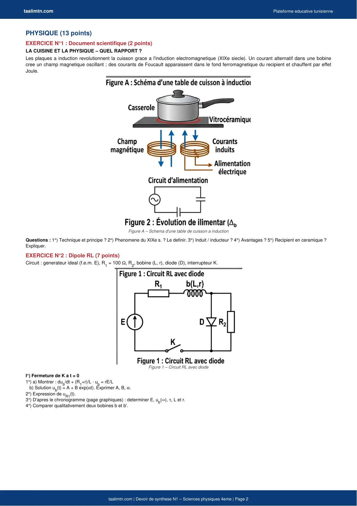 Devoir de synthèse N°1 – Sciences physiques 4ème Math / Sc. Tech. (avec corrigé PDF) 3 Devoir synthèse physique 4ème – Page 2 – Document induction + Circuit RL