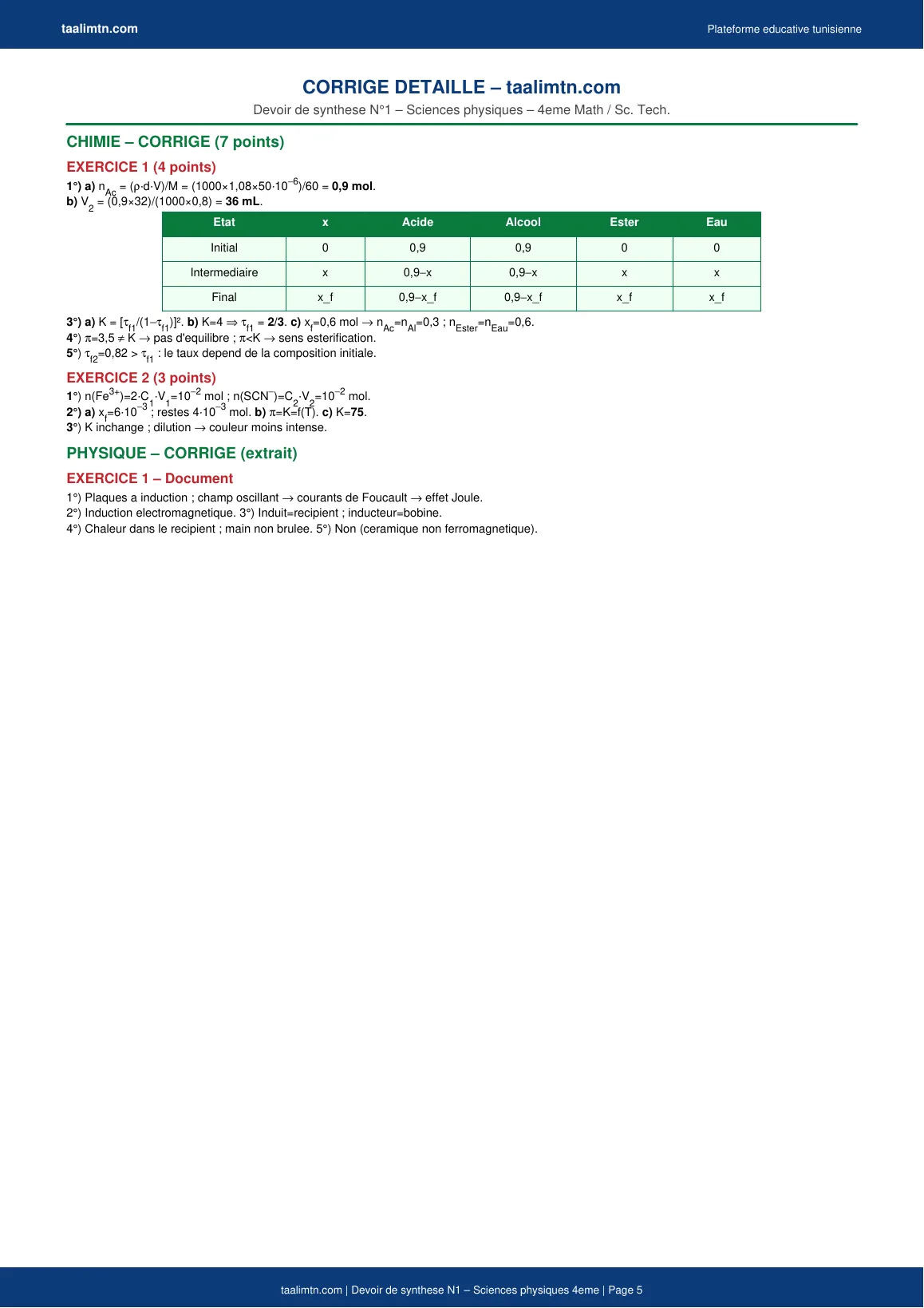 Devoir de synthèse N°1 – Sciences physiques 4ème Math / Sc. Tech. (avec corrigé PDF) 6 Devoir synthèse physique 4ème – Page 5 – Corrigé Chimie