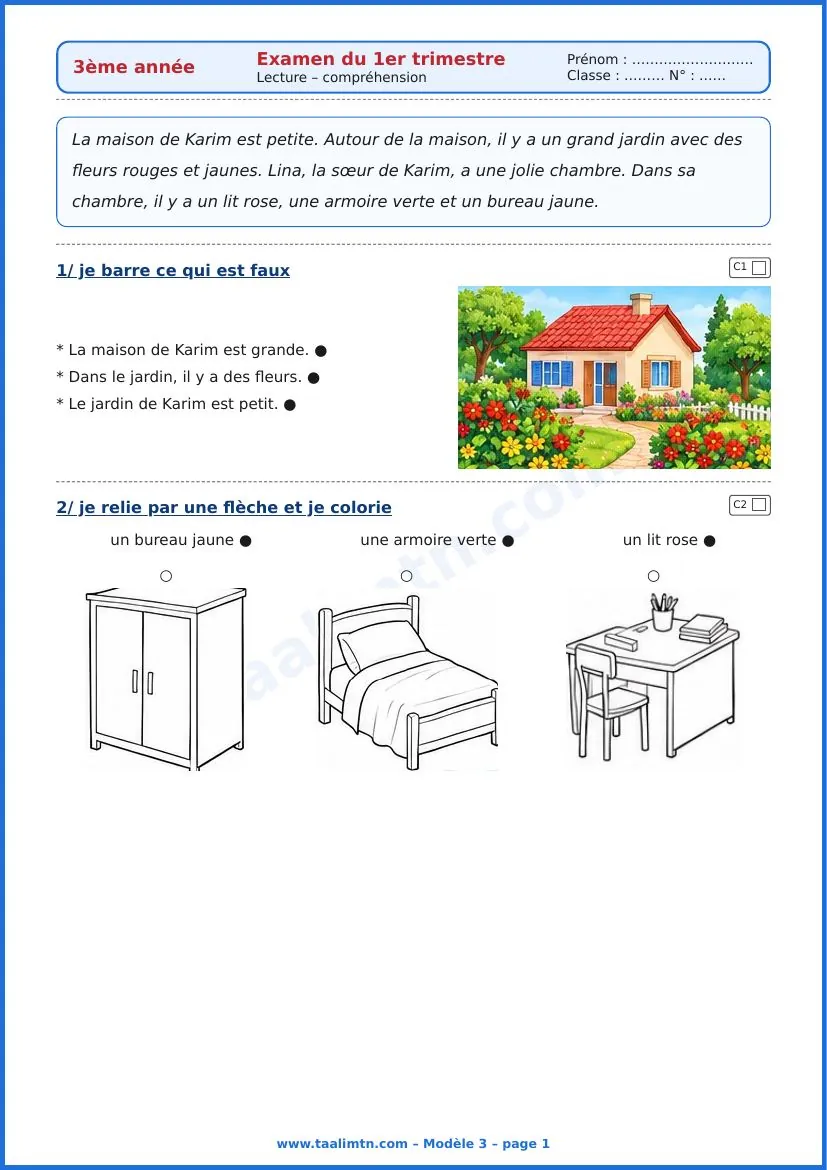 Examen de français 3ème année primaire – 1er trimestre (avec corrigé PDF) 14 Examen de français 3ème année 1er trimestre modèle 3 page 1