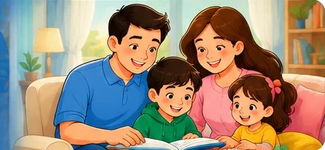 أسرة تجتمع حول كتاب وتدعم تعلم أطفالها
