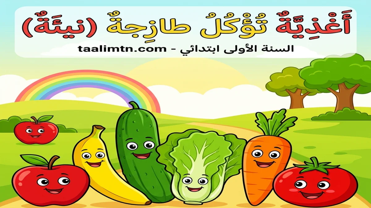 أغذية تؤكل طازجة - الإيقاظ العلمي رسوم توضيحية بالأغذية التي تؤكل طازجة مثل الفواكه والسلاطة والخيار للسنة الأولى ابتدائي taalimtn.com