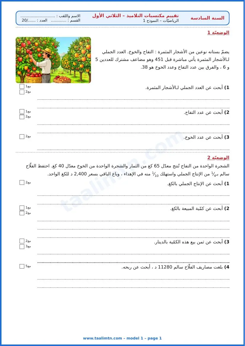 امتحان رياضيات السنة السادسة ابتدائي الثلاثي الأول – النموذج 1 – بستان التفاح والخوخ – الوضعيتان 1 و2