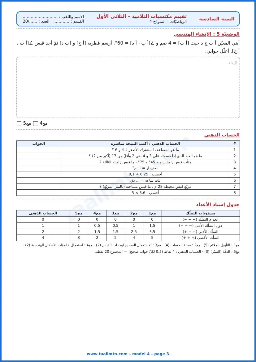 امتحان رياضيات السنة السادسة ابتدائي الثلاثي الأول – النموذج 4 – تصدير البرتقال – الإنشاء الهندسي والحساب الذهني