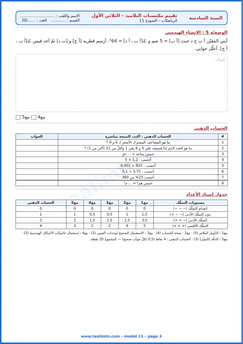 امتحان رياضيات السنة السادسة ابتدائي الثلاثي الأول – النموذج 11 – مصنع الكمّامات – الإنشاء الهندسي والحساب الذهني