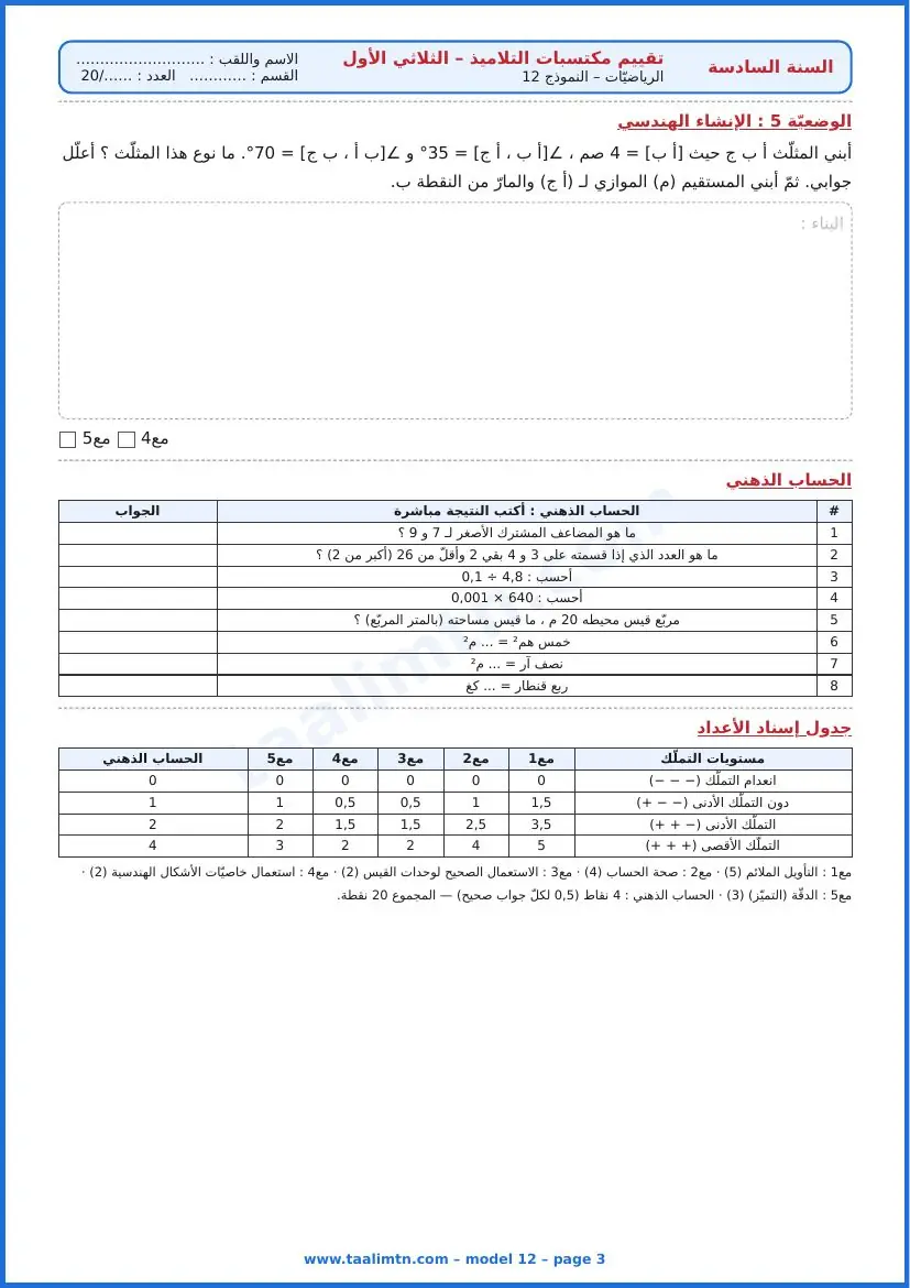 امتحان رياضيات السنة السادسة ابتدائي الثلاثي الأول – النموذج 12 – الأرض المقسّمة بين أفراد العائلة – الإنشاء الهندسي والحساب الذهني