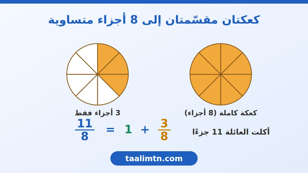 كعكتان مقسّمتان إلى 8 أجزاء متساوية: الأولى كاملة والثانية فيها 3 أجزاء ملوّنة