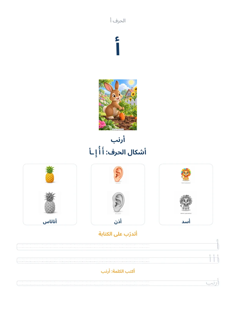 صفحة تدريب الحرف أ من كراس الحروف الهجائية العربية