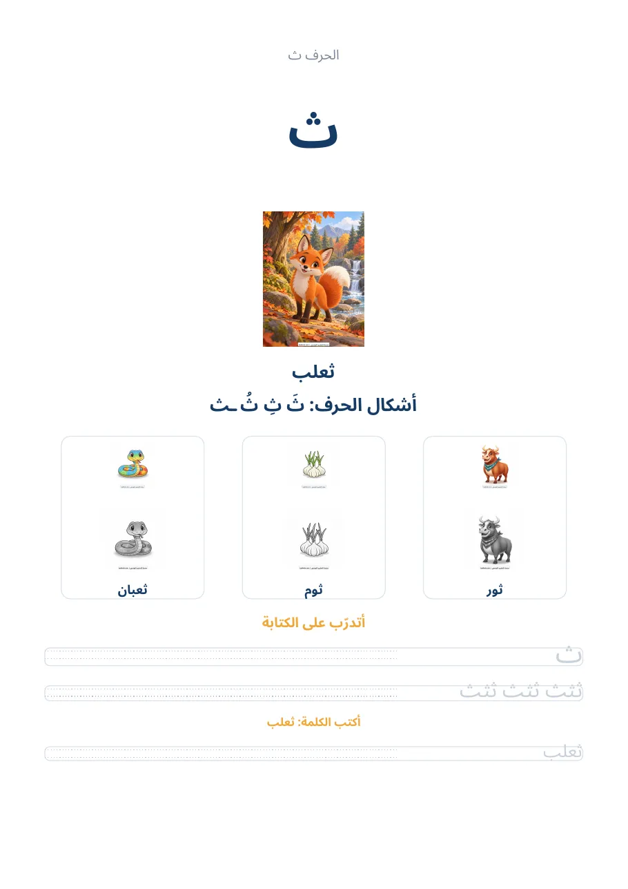 صفحة تدريب الحرف ث من كراس الحروف الهجائية العربية