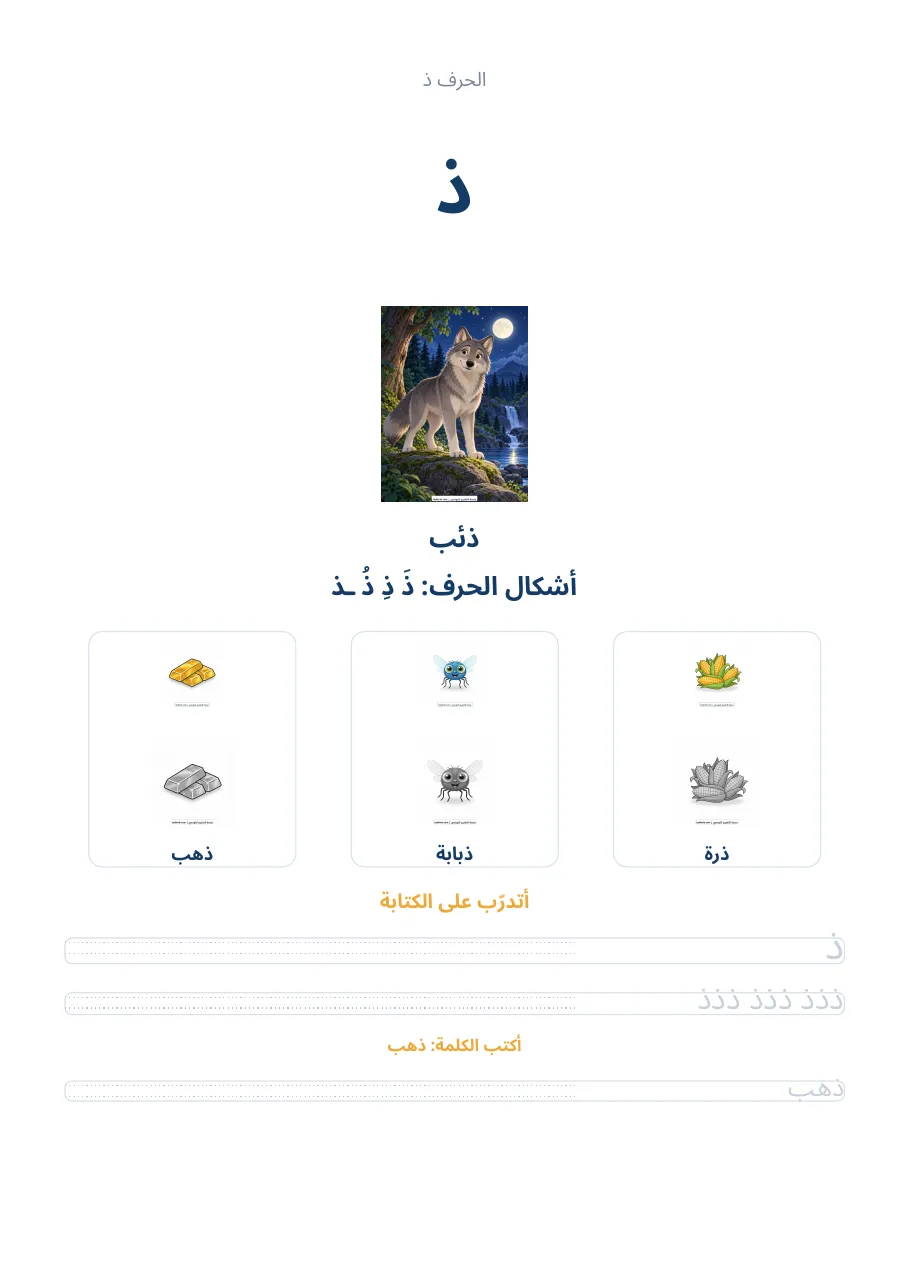 صفحة تدريب الحرف ذ من كراس الحروف الهجائية العربية