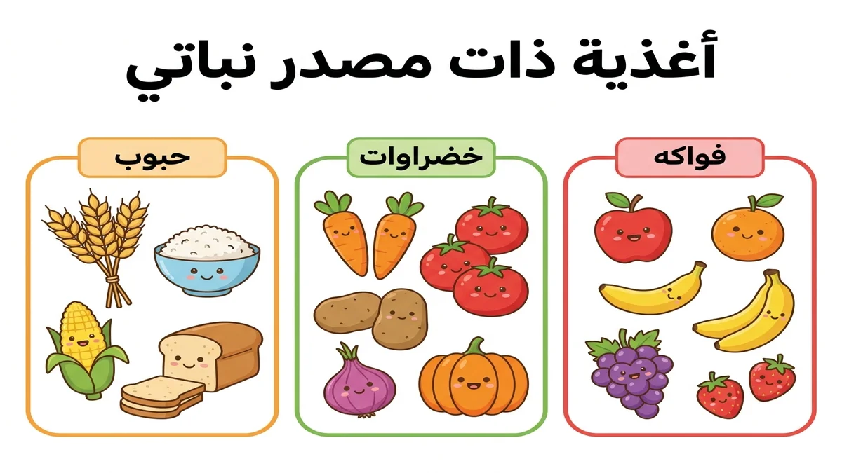 مخطط توضيحي للأغذية ذات المصدر النباتي الخضروات والفواكه والحبوب للسنة الأولى والثانية ابتدائي taalimtn.com