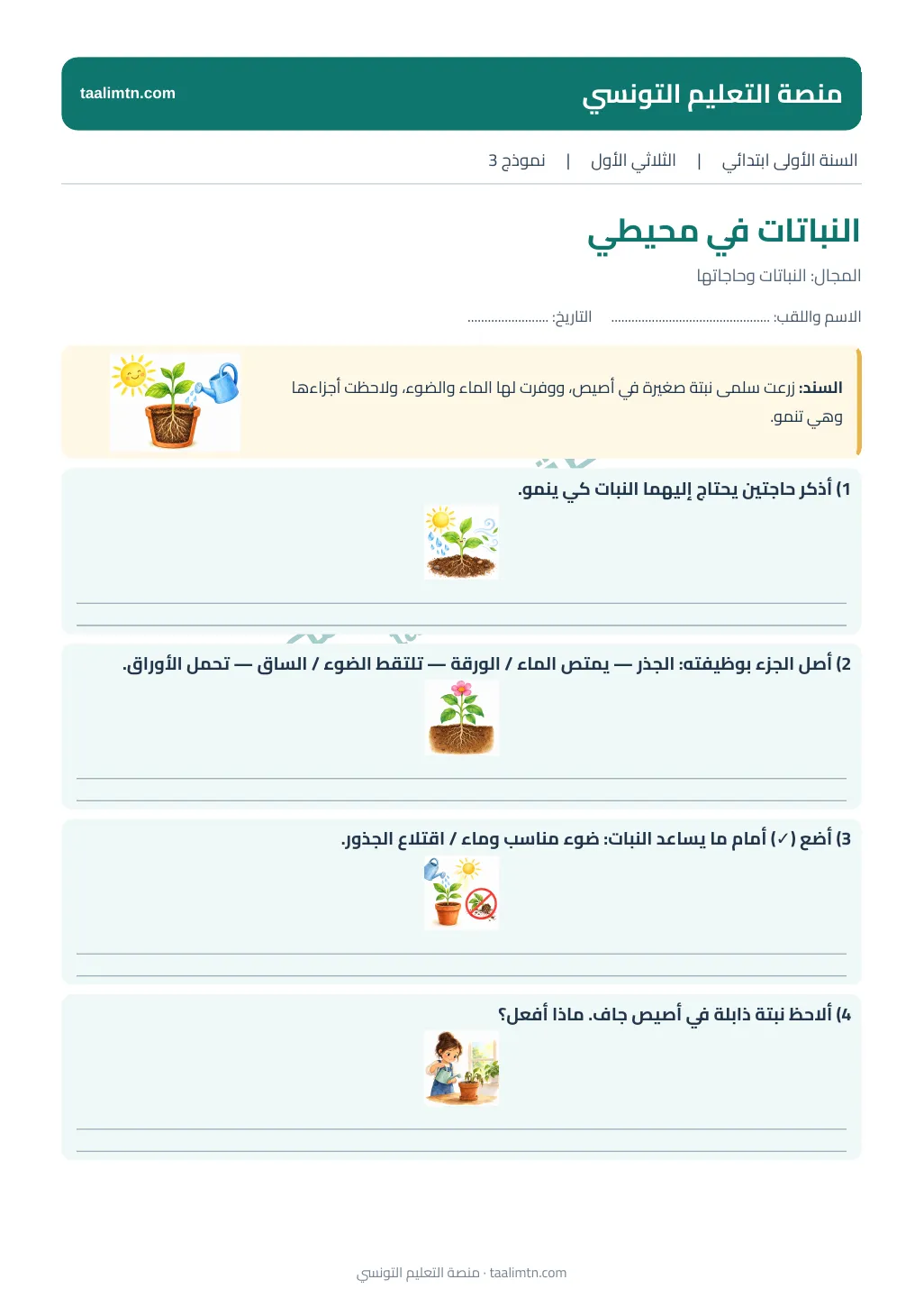 صورة اختبار الإيقاظ العلمي الثالث للسنة الأولى عن النباتات