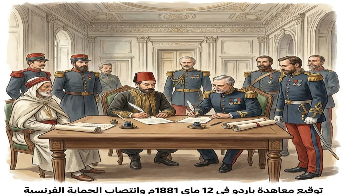 توقيع معاهدة باردو في 12 ماي 1881م بقصر قصر السعيد وإنشاء الحماية الفرنسية